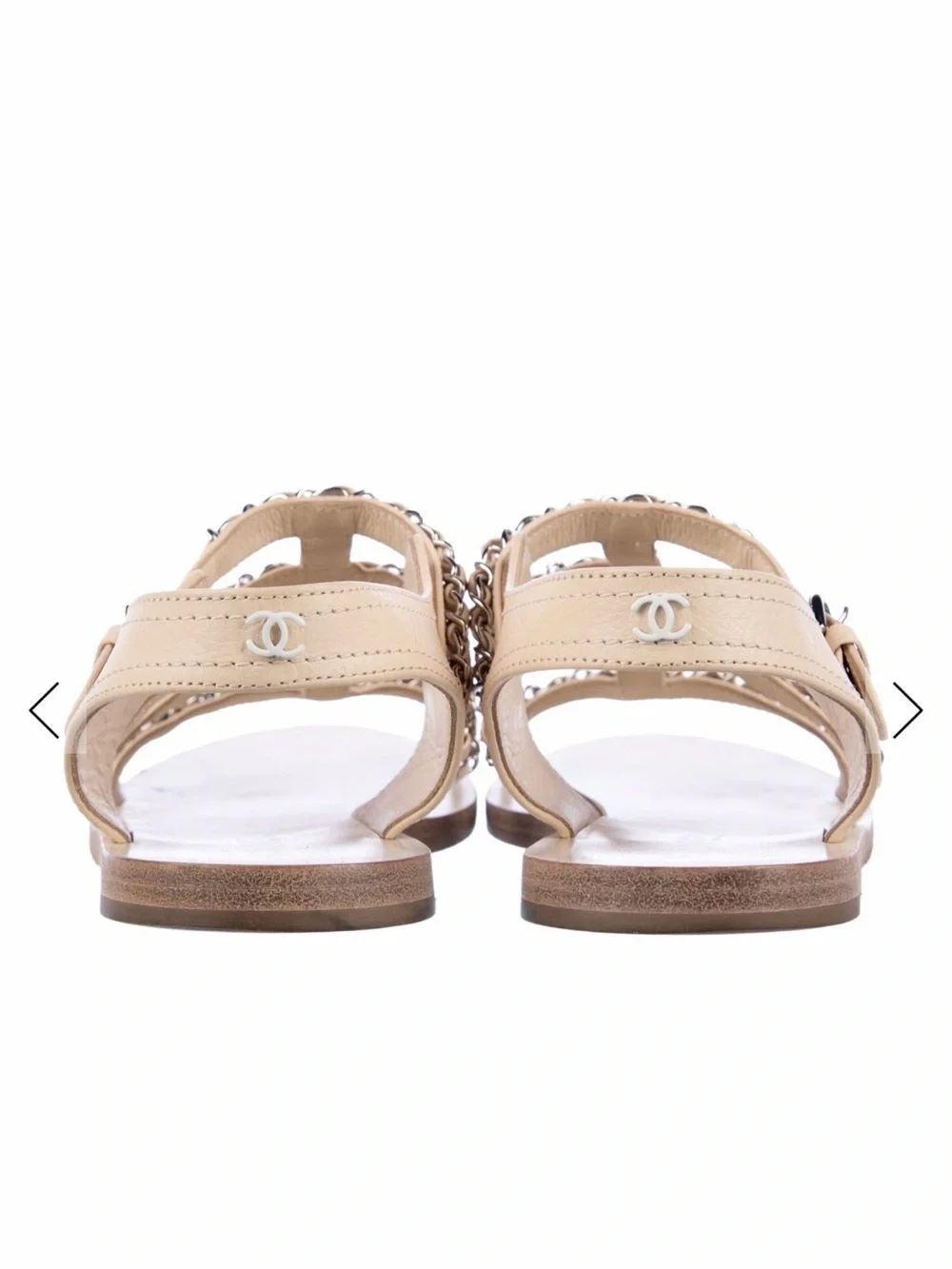 CHANEL Nude Leather Chain-Trim Slingback Sandals